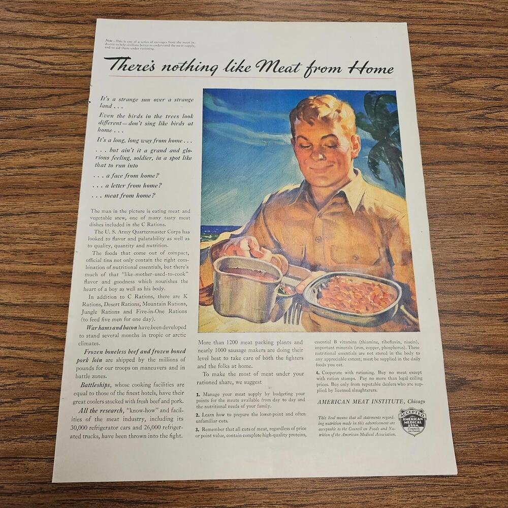 WWII American Meat Institute “There’s Nothing Like Meat from Home” Ad Rationing